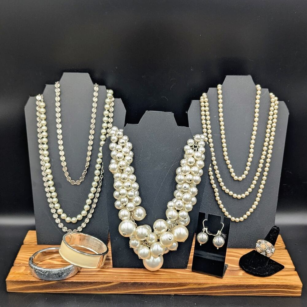 8 Pc Pearl & Silver Statement Jewelry Lot Paparazzi Bracelets Ring Sz 9